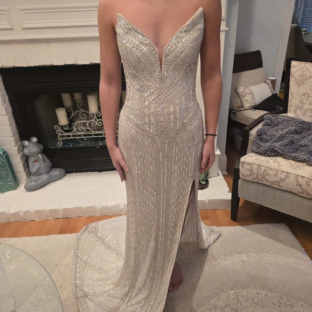NEW AVA PRESLEY Strapless White And Silver Beaded/Sequin Prom Formal Gown Dress.
